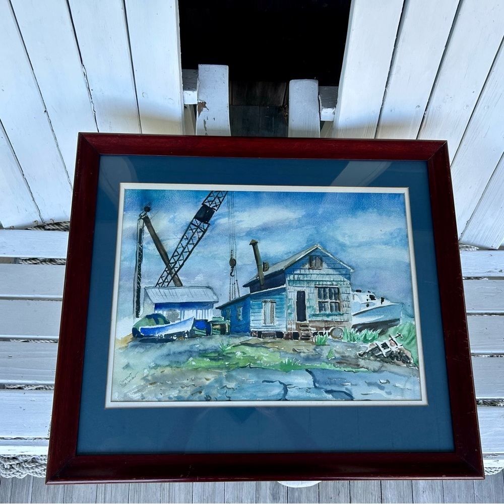 Vintage Seaside Watercolor Painting: Boatyard Scene by Margaret Ostranded - Picture 2 of 10